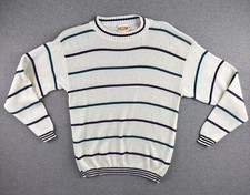 Vintage Size Medium White Knit Pullover Grandpa Sweater Teal Purple Stripes USA
