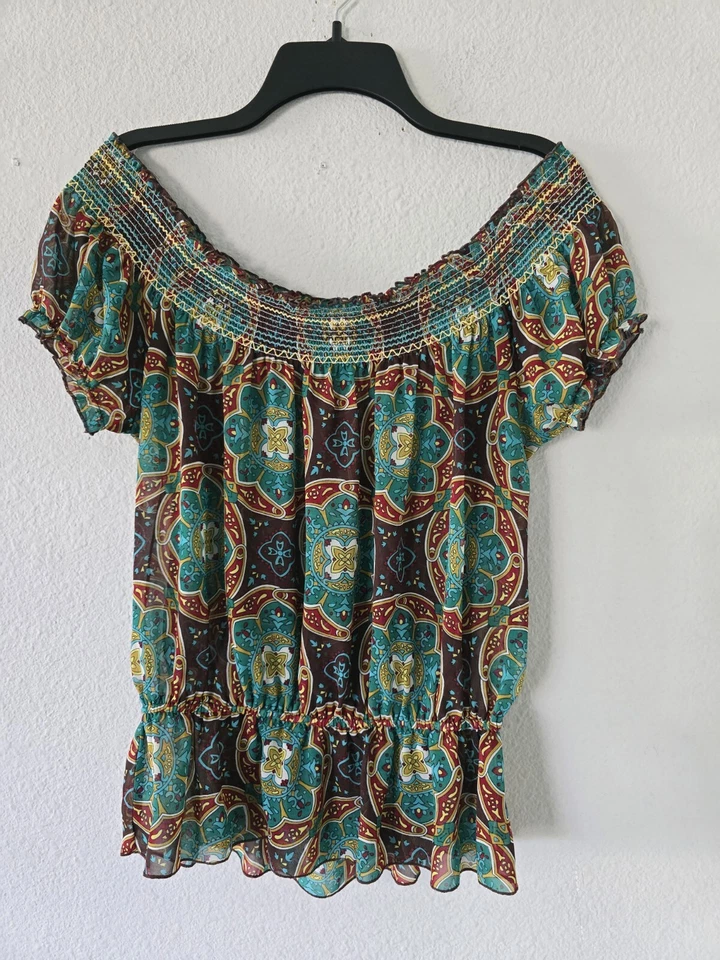 Love Tease Blouse Womens Sz M Multicolor Off Sholder Lightweight Coastal… - Image 3 of 4