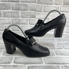 Nine West Vintage Women's 9.5 Black Leather Chunky Heel Pumps With Silver Detail