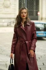 New Women Trench Coat Stylish Burgundy Handmade Genuine Leather Lambskin Soft