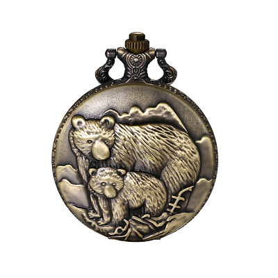Retro Bronze Old Bear Love Dad Quartz Analog Pocket Watch Chain Fathers Day Gift