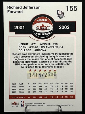 RICHARD JEFFERSON 2001-02 Fleer Shoebox Collection /2500 New