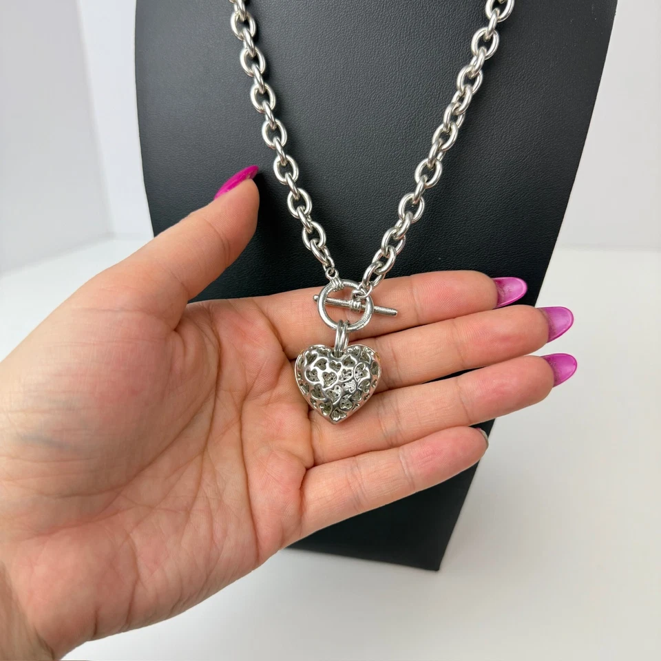 Green Crystal Puffy Heart Pendant Chunky Rolo Chain 18" Necklace CZ Toggle Clasp - Image 4 of 4