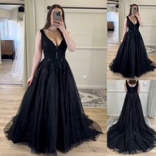 Black Wedding Dresses V Neck Glitter A Line Gothic Lace Appliques Bridal Gowns