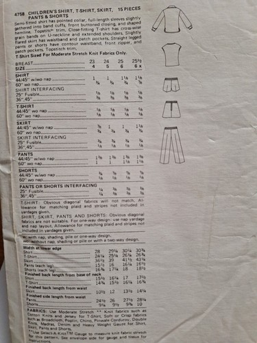 Pants Shorts T Shirt Skirt Tee Girls 4 5 Butterick 4758 Sewing Pattern VTG Knit - Picture 6 of 7