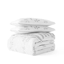 All Season 3-Pcs Sprouting Vines Stripe Reversible Microfiber Quilt Set with Sha