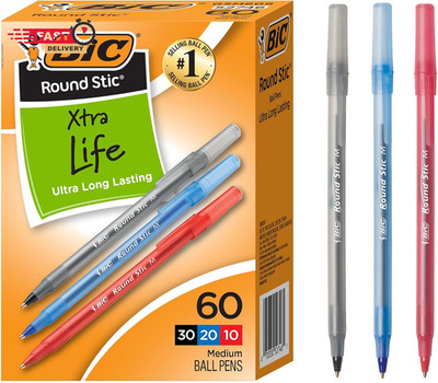 BIC round Stic Xtra Life Assorted Ink Ballpoint Pens, Medium Point (1.0Mm), 60-C