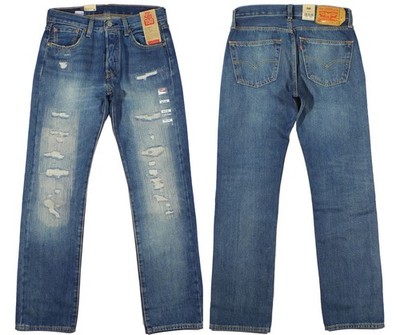 LEVIS 501 Classic Men Jeans Regular Fit 150 Anniversary BLUE RIPPED Denim Gift
