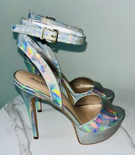 ALDO Silver Iridescent Platform Stiletto Heels Ankle Strap Open Toe
