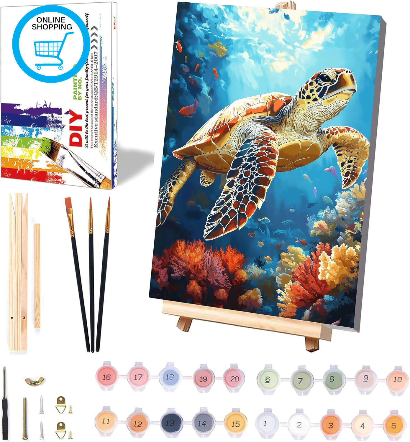 Turtle Paint by Numbers for Adults with Framed Canvas & Wooden Easel | Sea Turtl