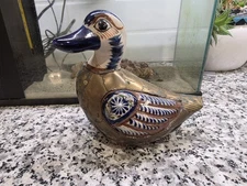 Mexican Tonala Ceramic & Forged Brass Armored Hand Painted Duck, S. Bustamonte
