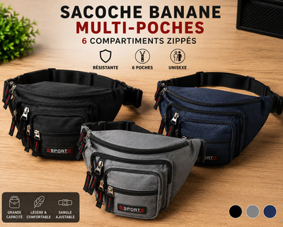 Bananentasche Multi-Pocket Herren Damen Sport Reise 6 Fächer Reißverschluss Schwarz Gr