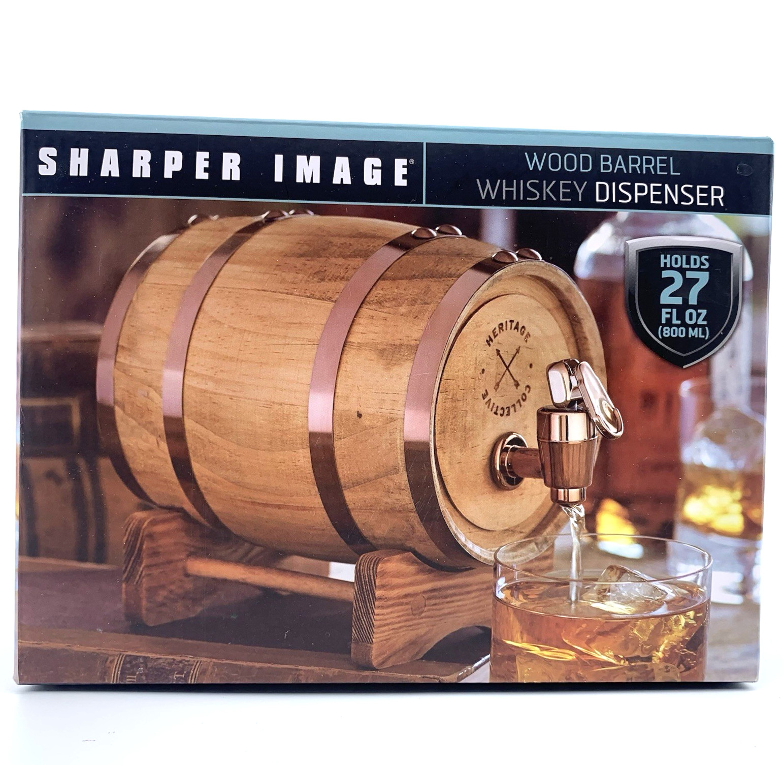 Sharper Image Wood Barrel Whiskey Dispenser 27 oz Home Bar Oak Liquor Barrel NIB