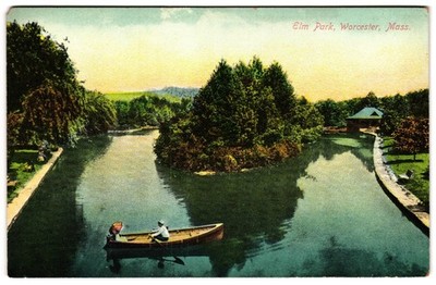 Elm Park Worcester MA People in Row Boat Postcard