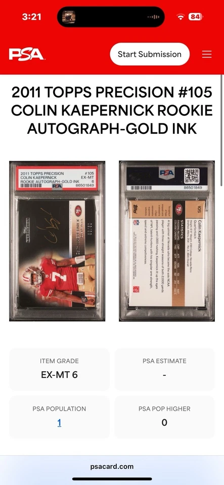 2011 Topps Precision Gold Ink Colin Kaepernick Auto Rookie /50 PSA 6 Pop 1 Rare! - Image 3 of 3