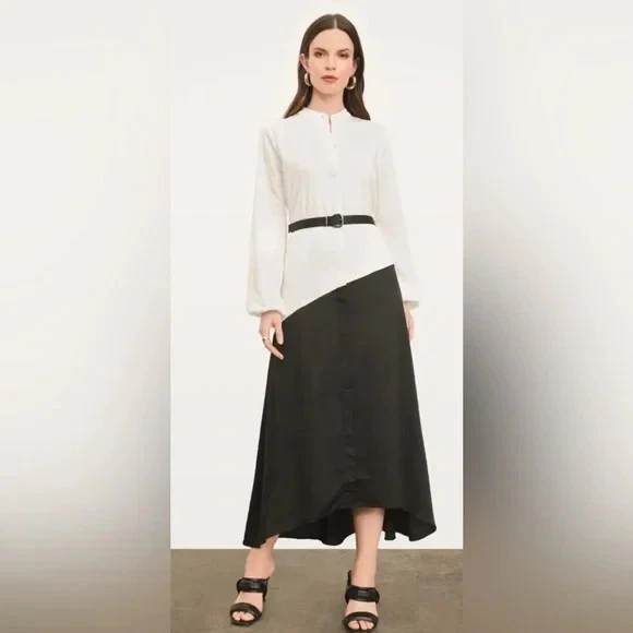 Vestido Camisa Donna Karan New York Negro Blanco Asimétrico Midi Maxi Manga Larga 8 Foto 2 de 4
