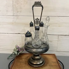 Antique Silver Plate Etched Glass Condiment Cruet 6pc Set Caddy Carousel 19th Cn