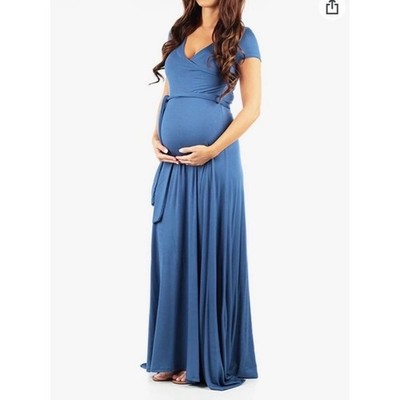 Mother Bee Maternity Blue Wrap Maxi Dress Short Sleeve V-Neck Gown Size Large