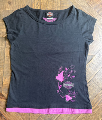 Harley Davidson Womens Shirt Size Medium Black And Purple Embroidered Floral