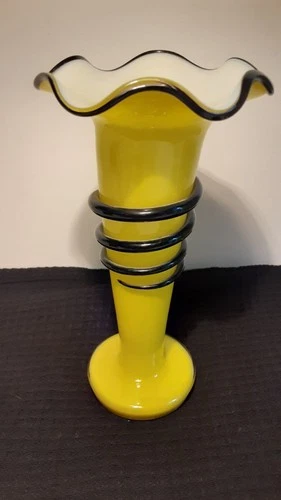 Czech Tango Art Glass Vase 8" Yellow Black Spiral 1930s Art Deco