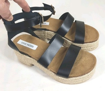 Steve Madden Womens Kelton Sandals Shoes Black Leather Espadrilles Size 9