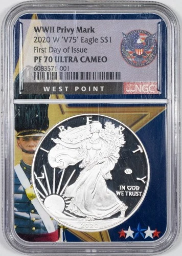 2020-W NGC PF70 American Silver Eagle End of WWII V75 Privy Mark First Day Issue