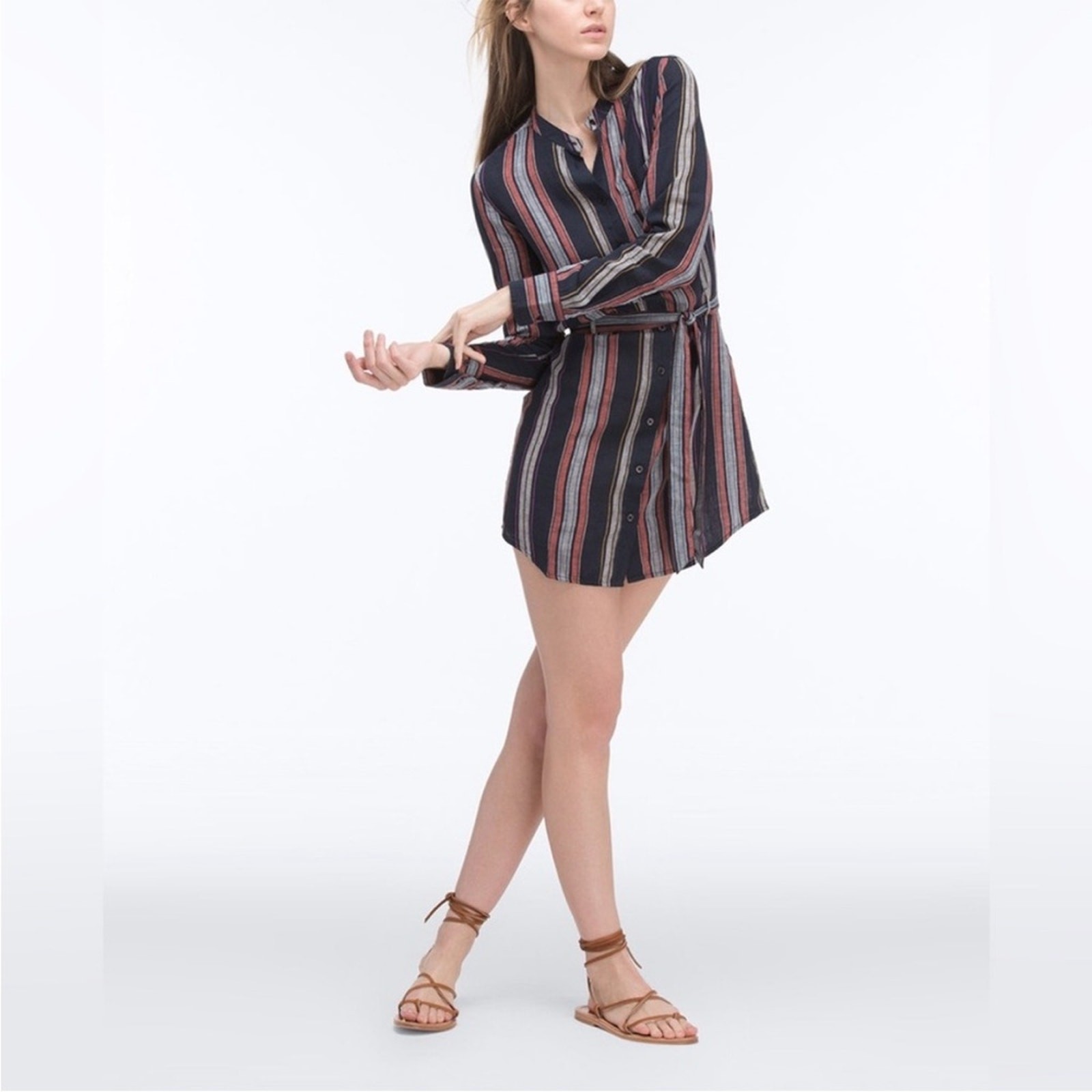 AG Adriano Goldschmied Jett linen cotton striped button mini shirtdress SMALL thumbnail 3