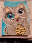 ACEO Original Mixed Media Painting Art - Cat with Fish — photo 2