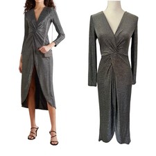 Reformation Carlyle Front Slit Knot Midi Dress XS Silver Metallic Cocktail Event