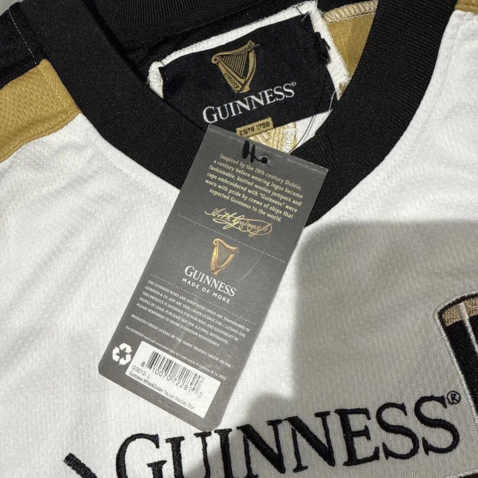 Camiseta de hockey Guinness para hombre grande blanca bordada irlandesa St Pats. Foto 3 de 4