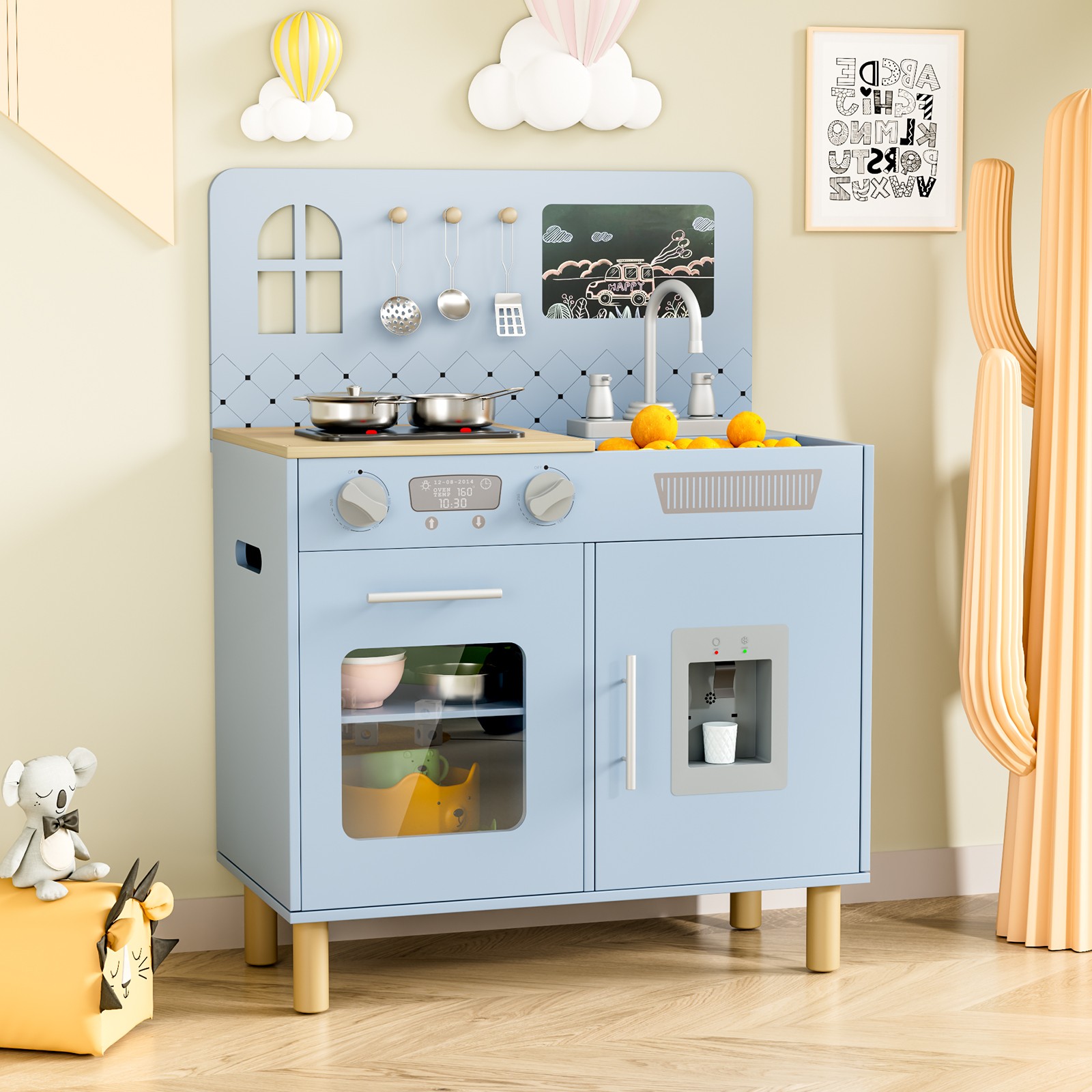 Wooden Kids Play Kitchen Set with Lights & Sounds, Interactive Pretend Kitchen
