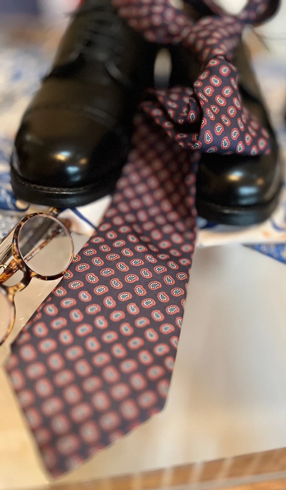 复古 STRATHMORE 蓝色 Oxblood 紫色佩斯利 100% 真丝美国制造领带 — 第 4/4 张图片