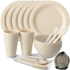 6 Set College Dorm Dishes Essential Kit, Plates and Bowls Back to School Beig...