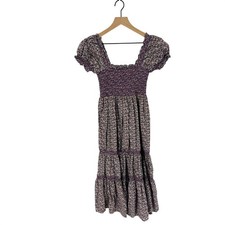 OPT Daphne Smocked Bodice Floral Midi Dress Puff Sleeve Tiered Purple Size M