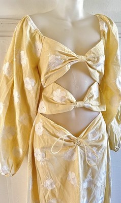 NWT SABO Jean-Maree Yellow Gingham Floral Cut Out Middle Midi Dress-Sz Large NEW