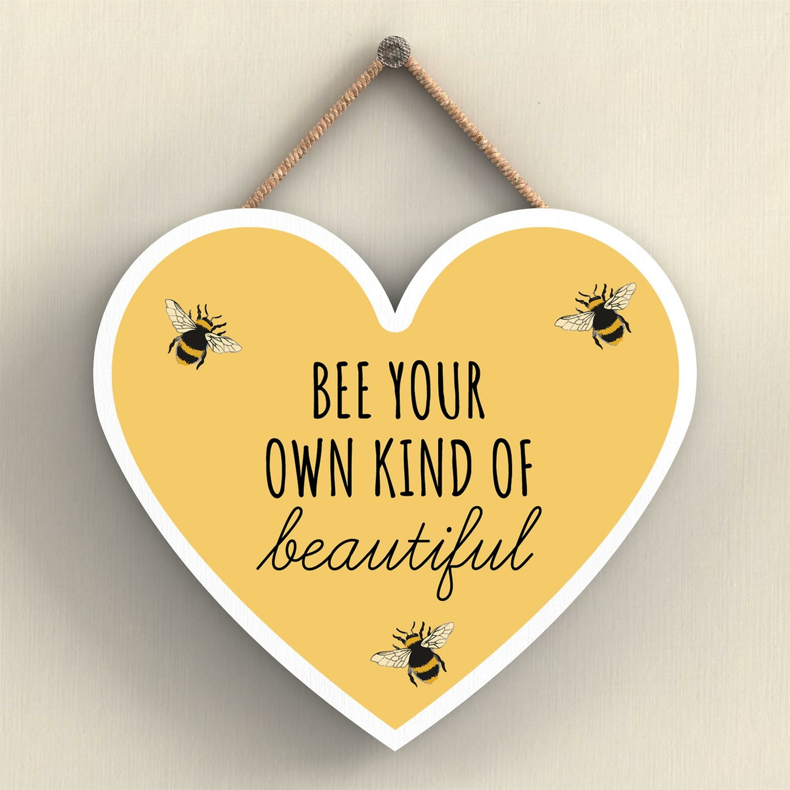 BEE YOUR OWN KIND YELLOW BEE THEMED DECORATIVE WOODEN HEART SHAPED PLAQUE