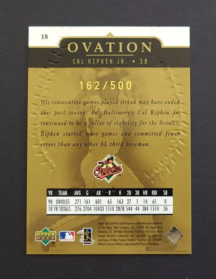 1999 Upper Deck Ovation - Standing Ovation Cal Ripken Jr. #18 SN /500 - Orioles - Image 4 of 4