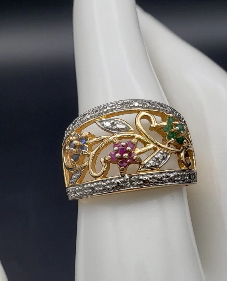 Anel Ross Simons rubi esmeralda espinélio ouro sobre prata esterlina 925 tamanho 7,75 - Imagem 4 de 4