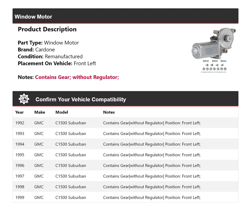 Para GMC C1500 1992-1999 Suburban Ventana Motor Delantero Izquierdo Cardone 1993 1994 1995 Foto 2 de 4