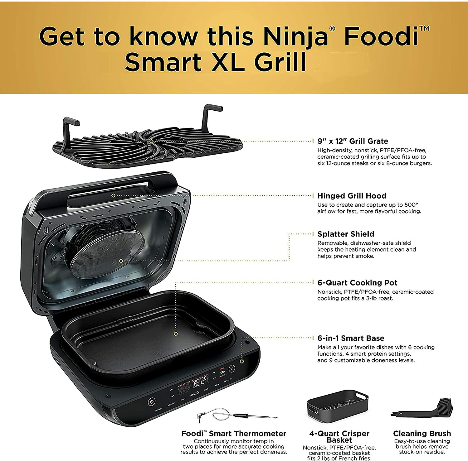 Ninja FG551 foodi smart xl 6in1 indoor grill with 4quart air fryer
