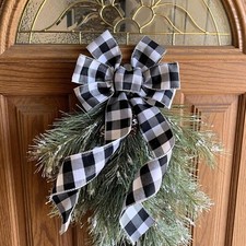 Buffalo Plaid Christmas Wreath Bow - 10" Wide, 18" Long Pre-Tied Bow Black White