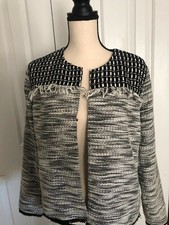 Chicos Blue  Gray Tweed Fringe Modern Collarless Blazer Jacket Size 2 / US 12