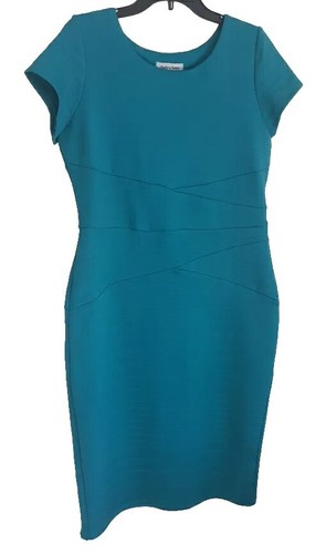 Shelby and Palmer Casual Midi Dress Sz 14 Teal Stretch Fitted Pullover - Picture 3 of 7