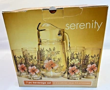 PASABAHCE TURKISH Glass Ice Lip Pitcher and 6 Glasses Floral Motif