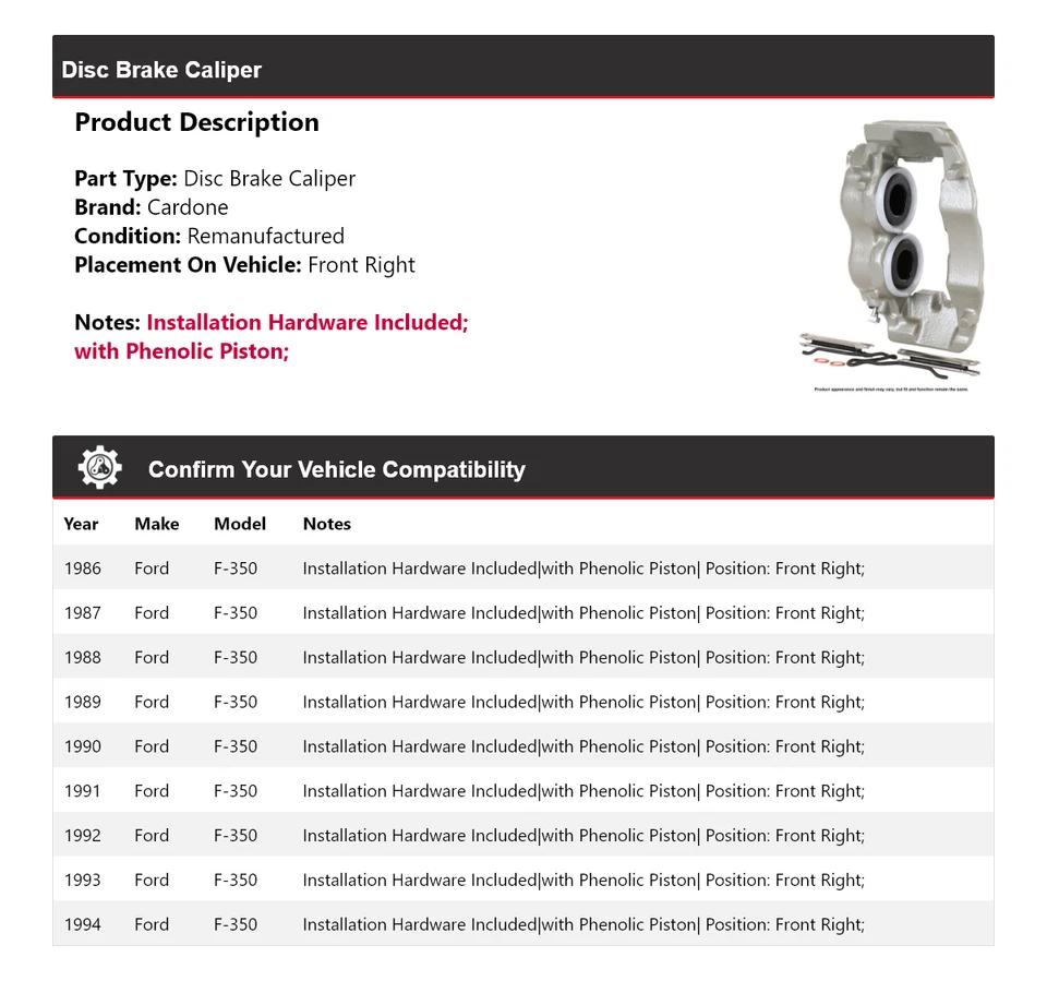 Para 1986-1994 Ford F-350 pinça de freio a disco dianteira direita Cardone 1987 1988 1989 - Imagem 2 de 4