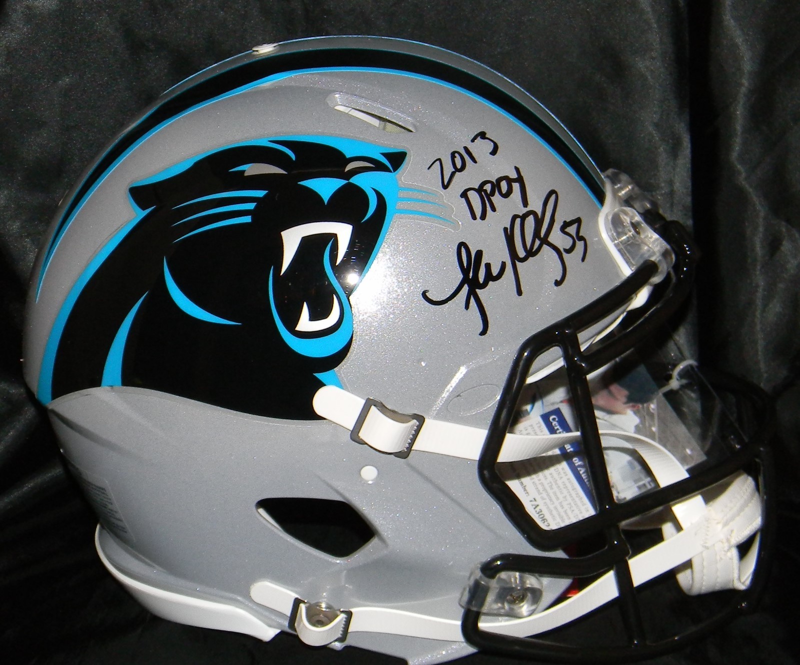 LUKE KUECHLY Autographed Signed Carolina Panthers HELMET FS RIDDELL SPEED ON-FIELD "2013 DPOY" PANTHERS PSA 