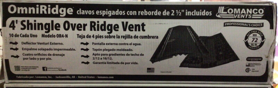 Prospawn Omni Ridge Lomanco OR4-N Omniridge 4’ Shingle Over Ridge Vent Case of 10 NEW | eBay