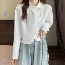 Lady Irregular Shirt Chinese Style Tshirt Frog Button Blouse Long Sleeve Top Fit