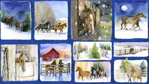 Horse Barn Scenes Fabric 24" X44" Panel Snowfall on the Range Cotton by 3 Wishes - Picture 1 of 2