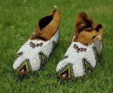 Native American Style Beaded Powwow Moccasins Multicolor Geometric Leather MC631